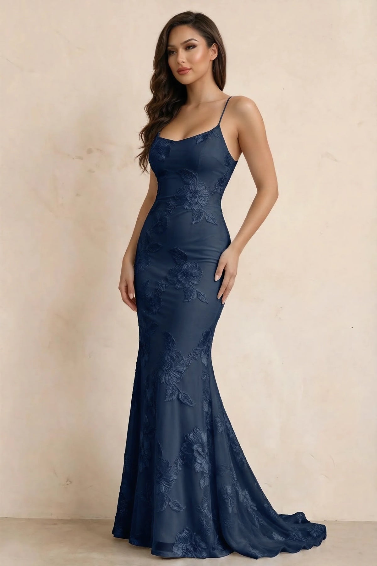 Cordelia Navy Floral Appliqué Mermaid Maxi Dress