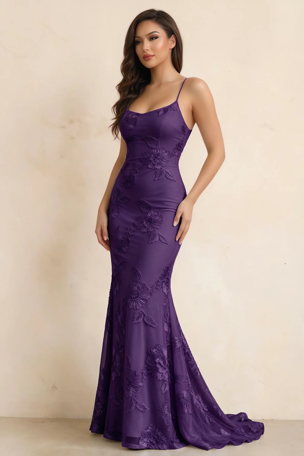 Cordelia Plum Floral Appliqué Mermaid Maxi Dress