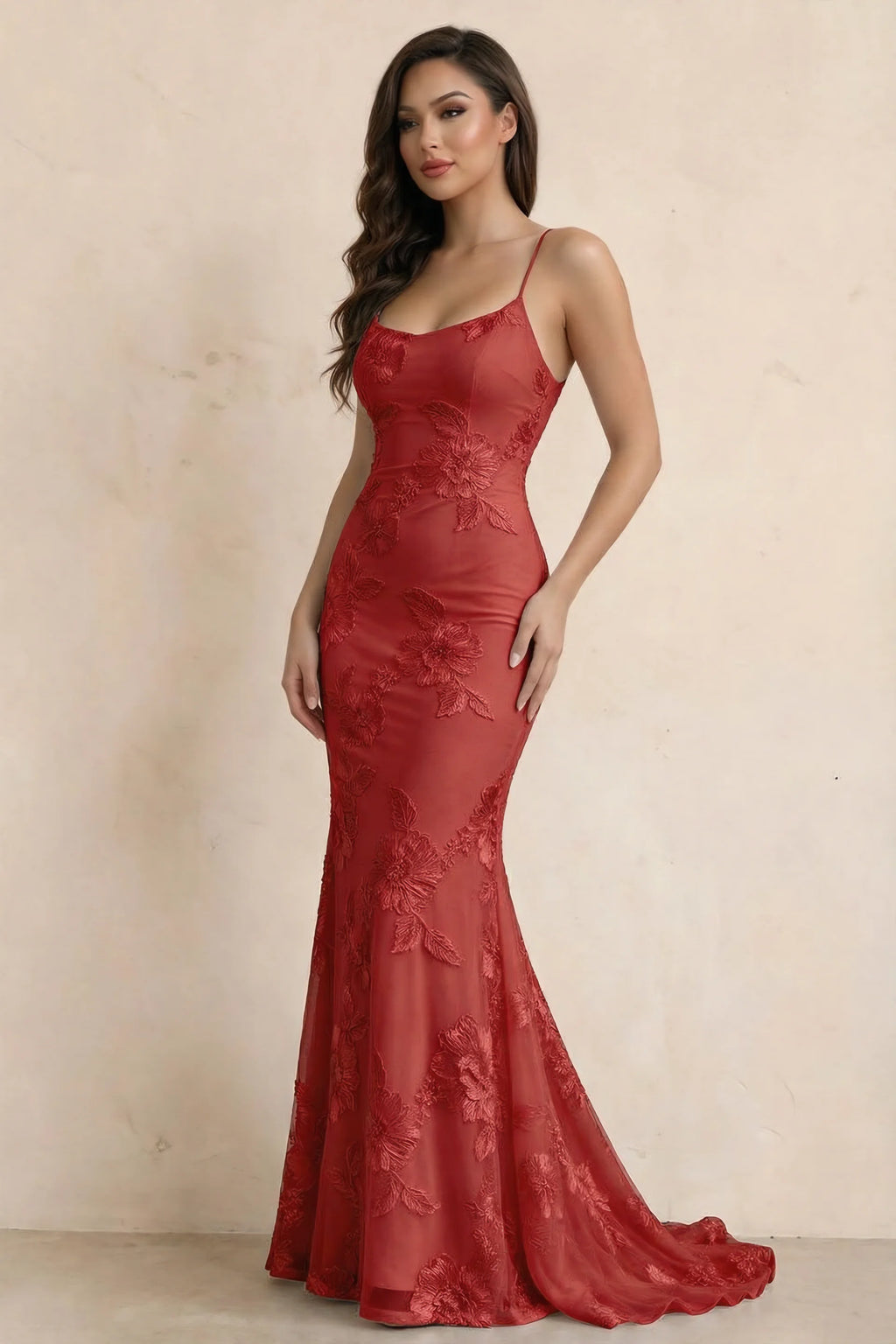 Cordelia Red Floral Appliqué Mermaid Maxi Dress