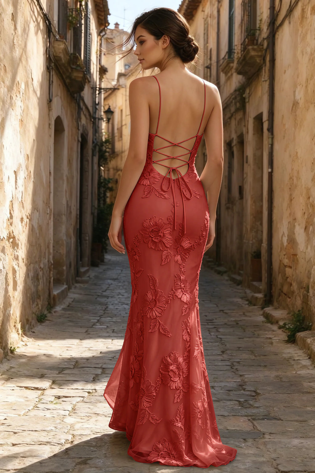 Cordelia Red Floral Appliqué Mermaid Maxi Dress
