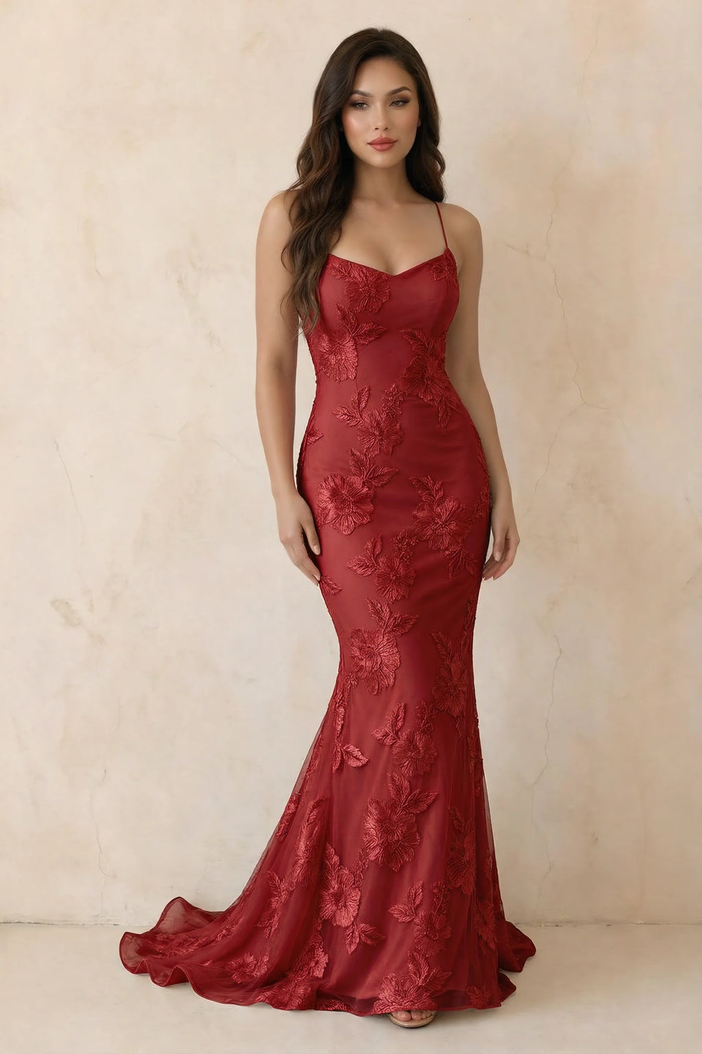Cordelia Red Floral Appliqué Mermaid Maxi Dress