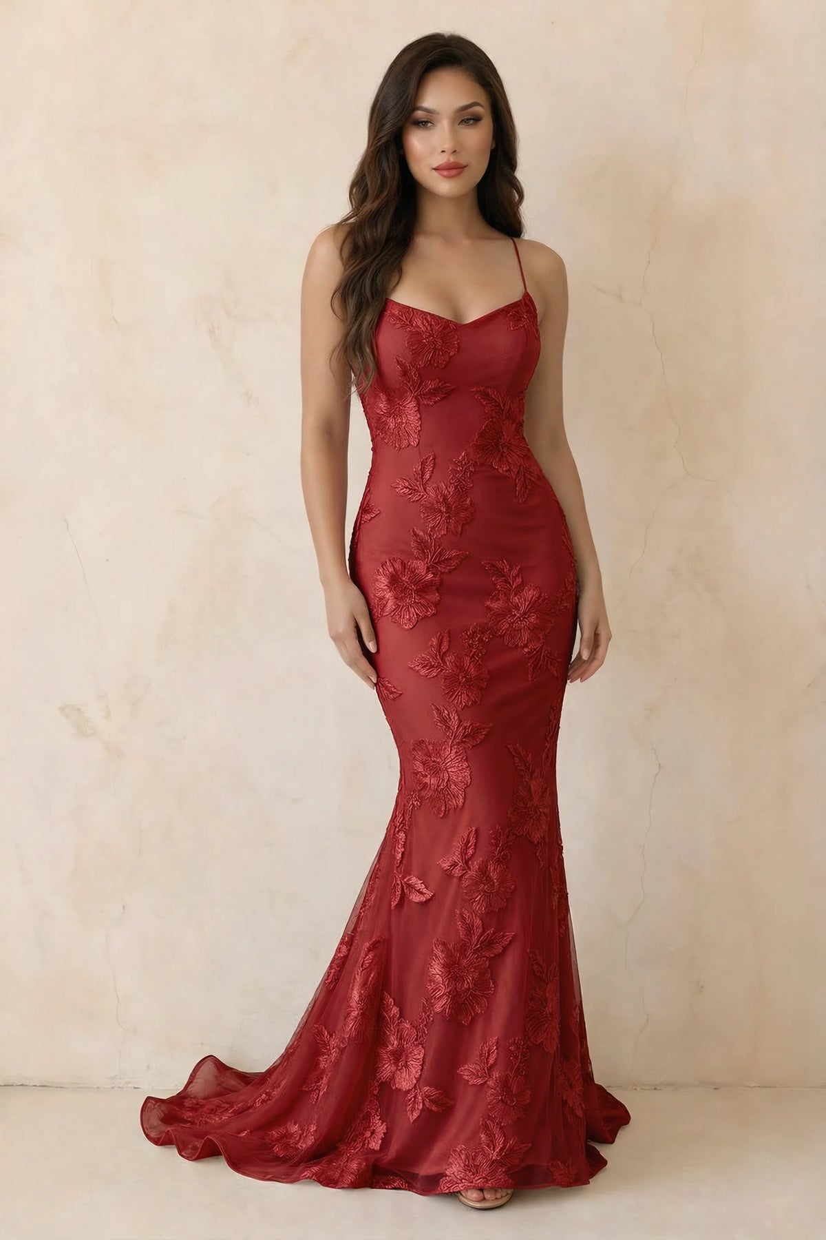 Cordelia Red Floral Appliqué Mermaid Maxi Dress