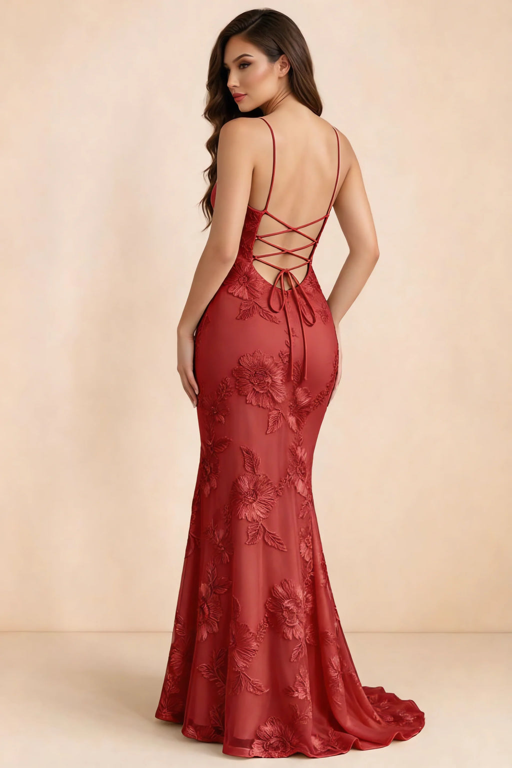 Cordelia Red Floral Appliqué Mermaid Maxi Dress