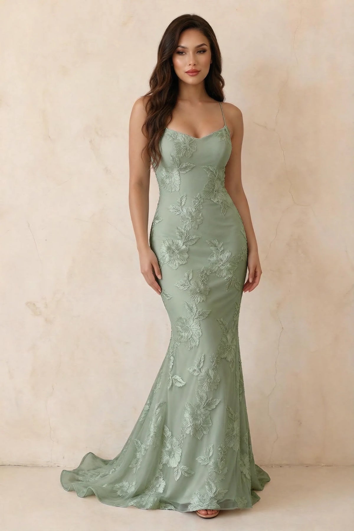 Cordelia Sage Green Floral Appliqué Mermaid Maxi Dress