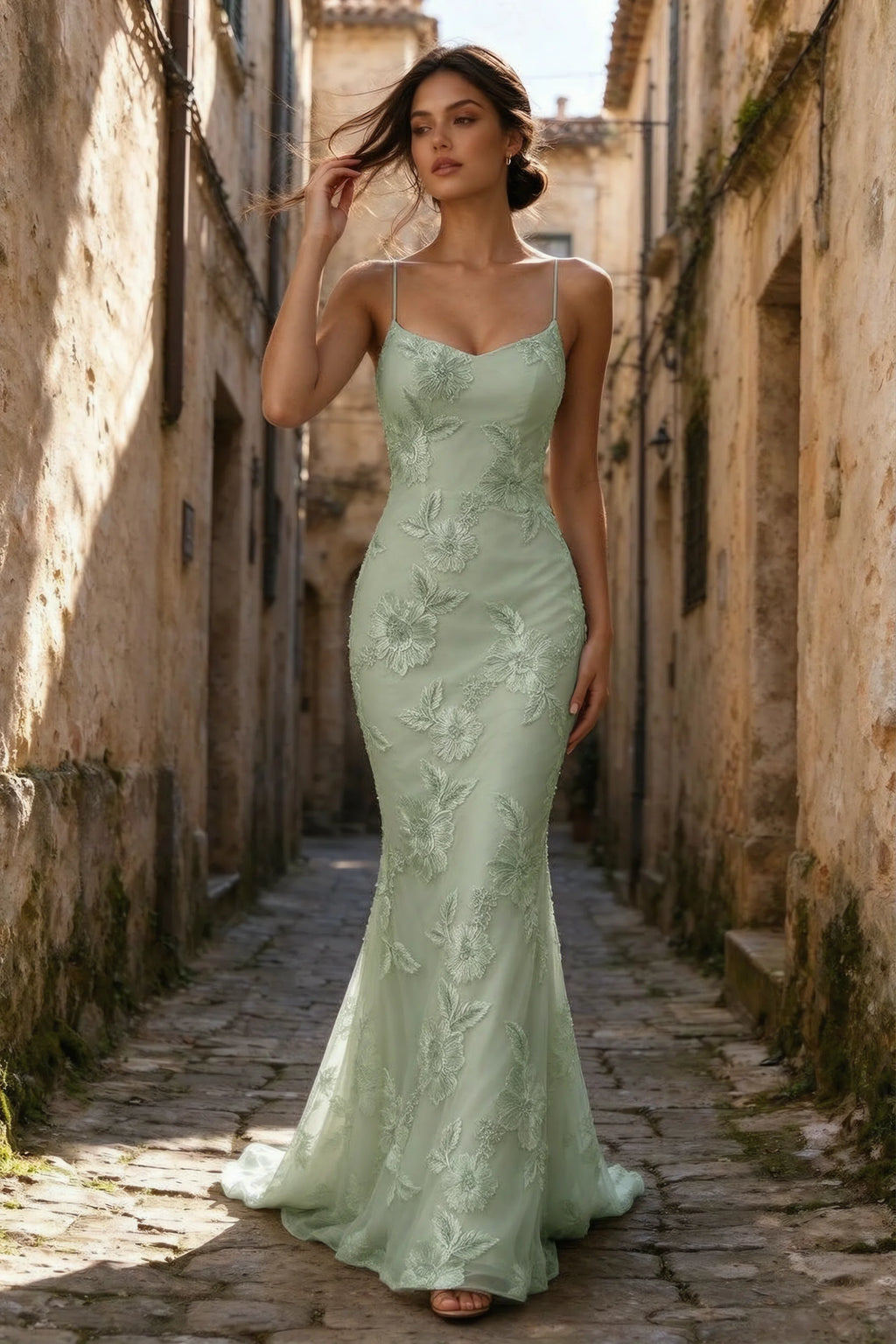 Cordelia Sage Green Floral Appliqué Mermaid Maxi Dress
