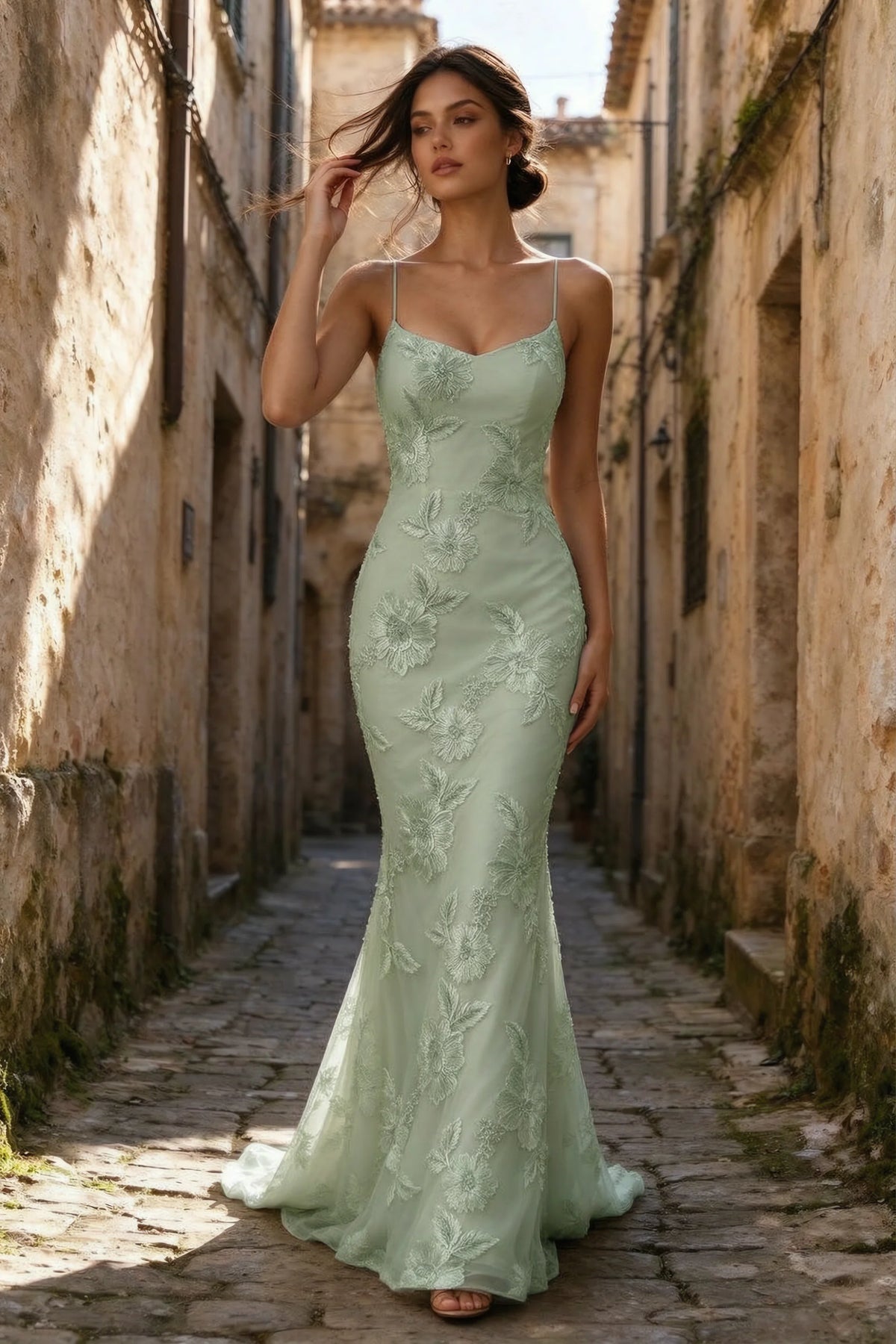 Cordelia Sage Green Floral Appliqué Mermaid Maxi Dress
