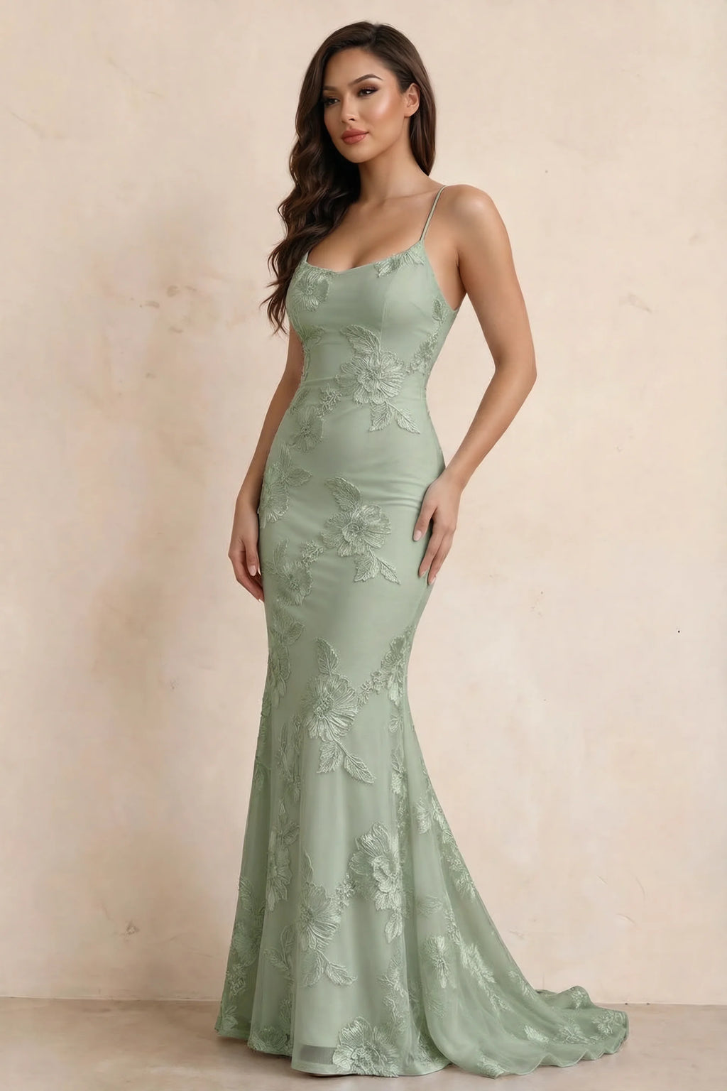Cordelia Sage Green Floral Appliqué Mermaid Maxi Dress