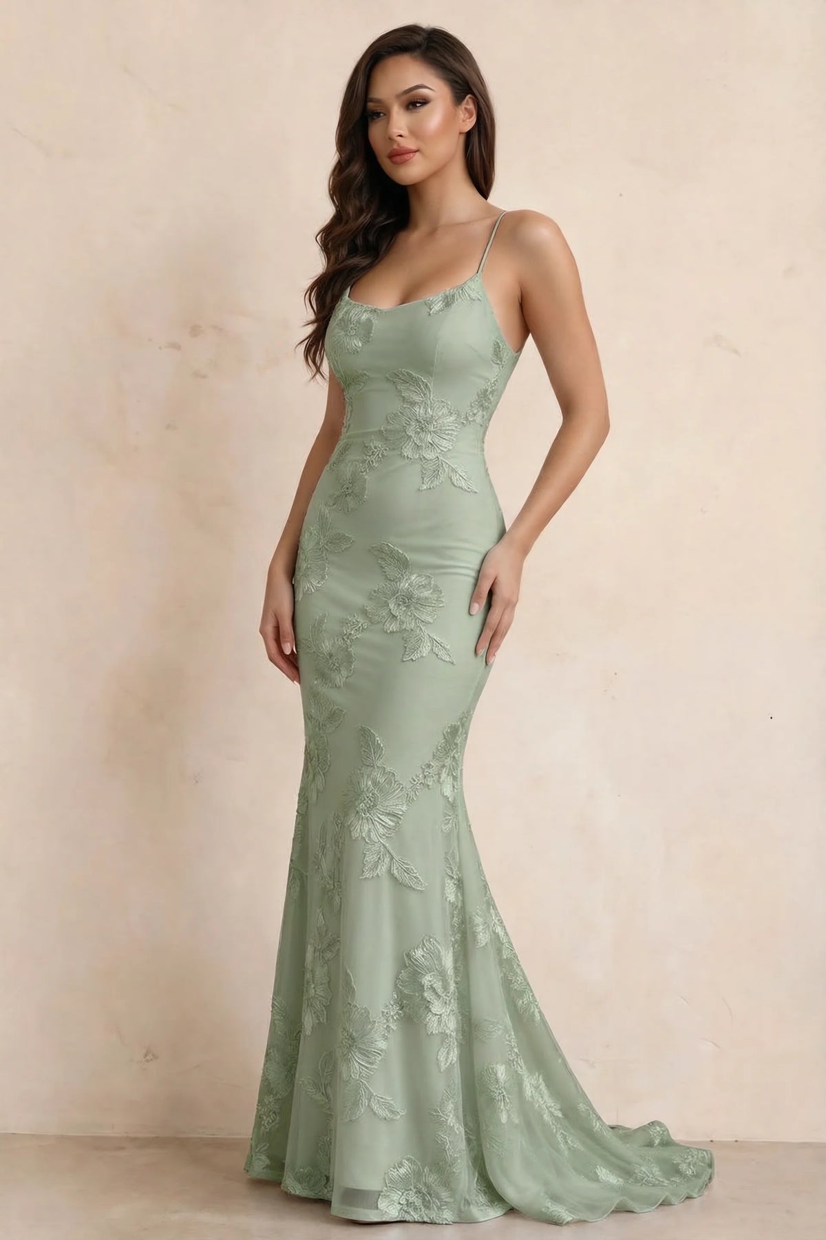 Cordelia Sage Green Floral Appliqué Mermaid Maxi Dress