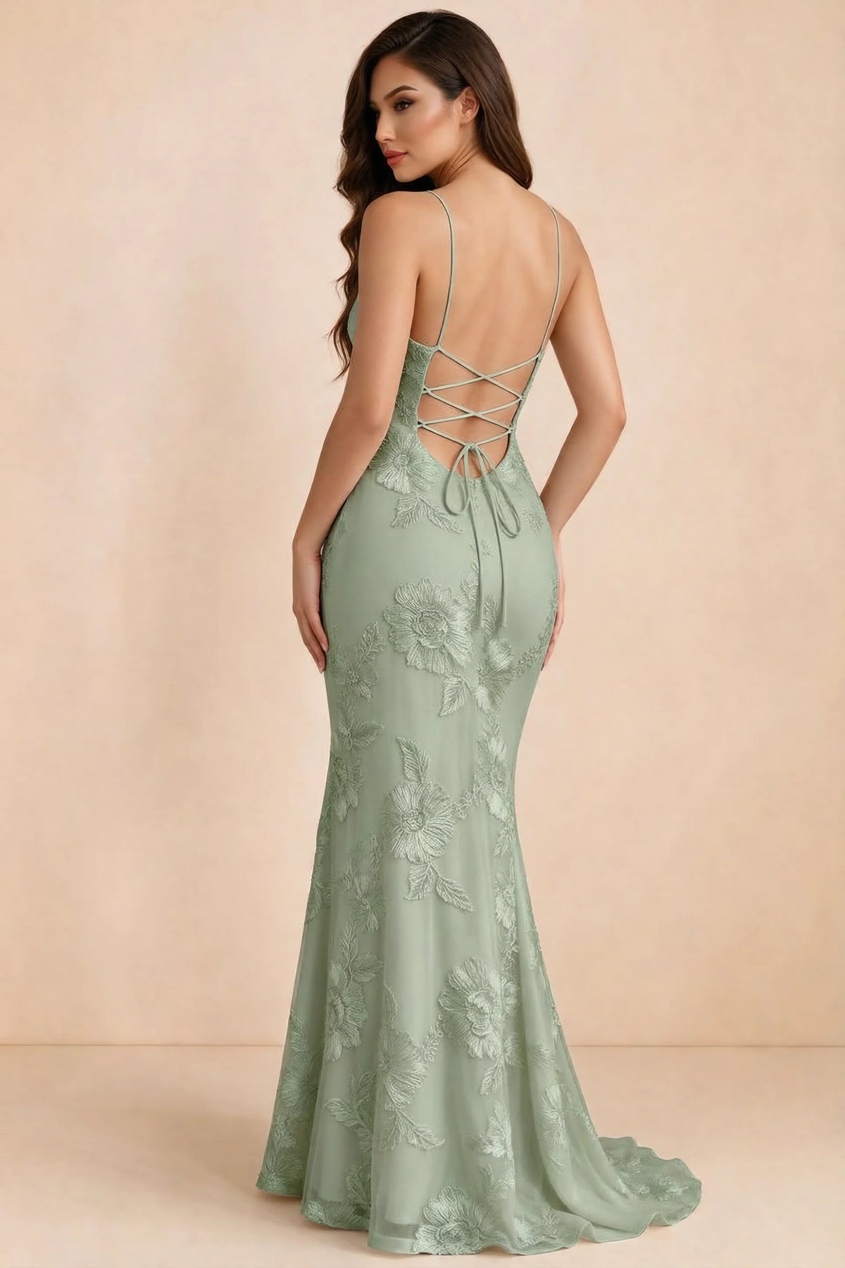 Cordelia Sage Green Floral Appliqué Mermaid Maxi Dress