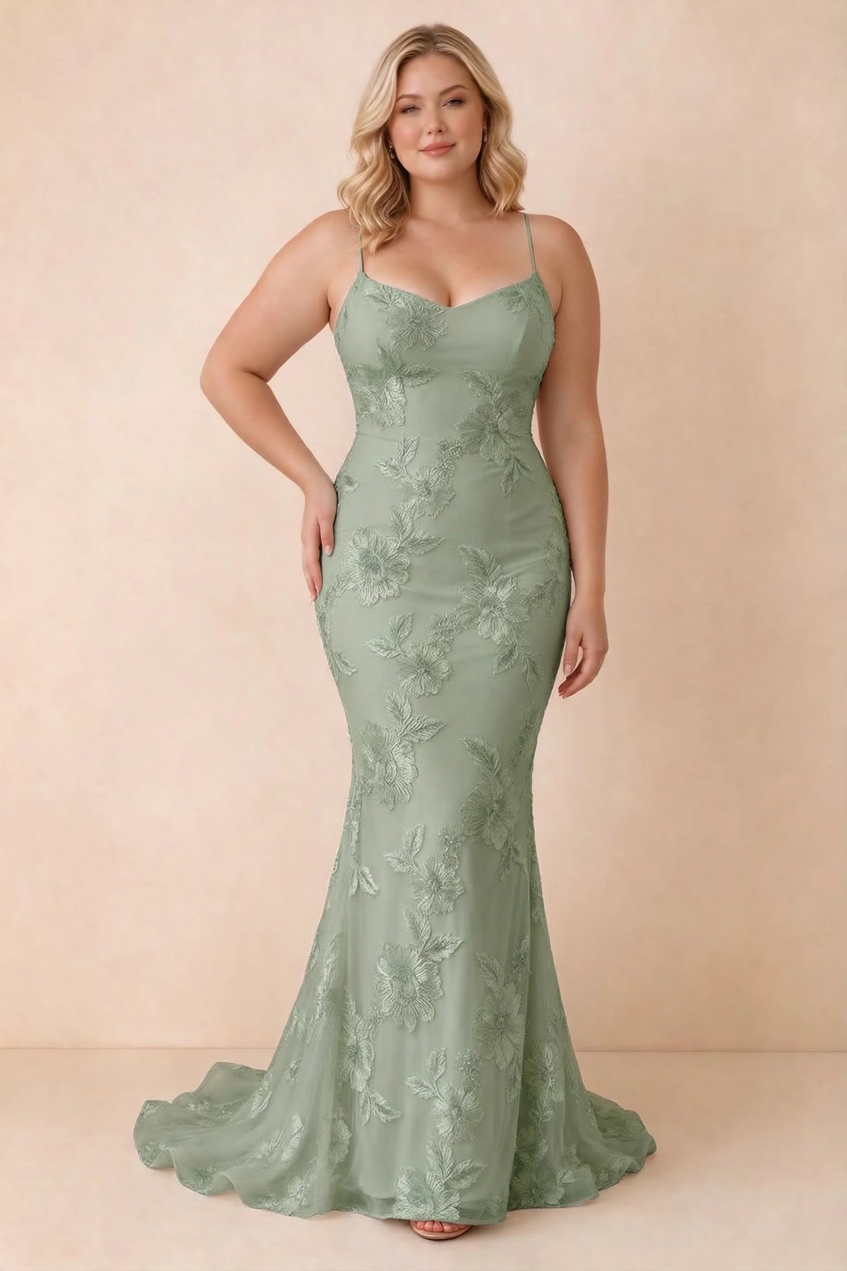 Cordelia Sage Green Floral Appliqué Mermaid Maxi Dress