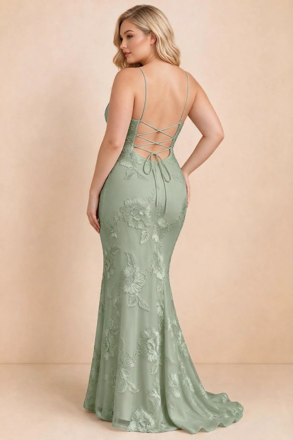 Cordelia Sage Green Floral Appliqué Mermaid Maxi Dress