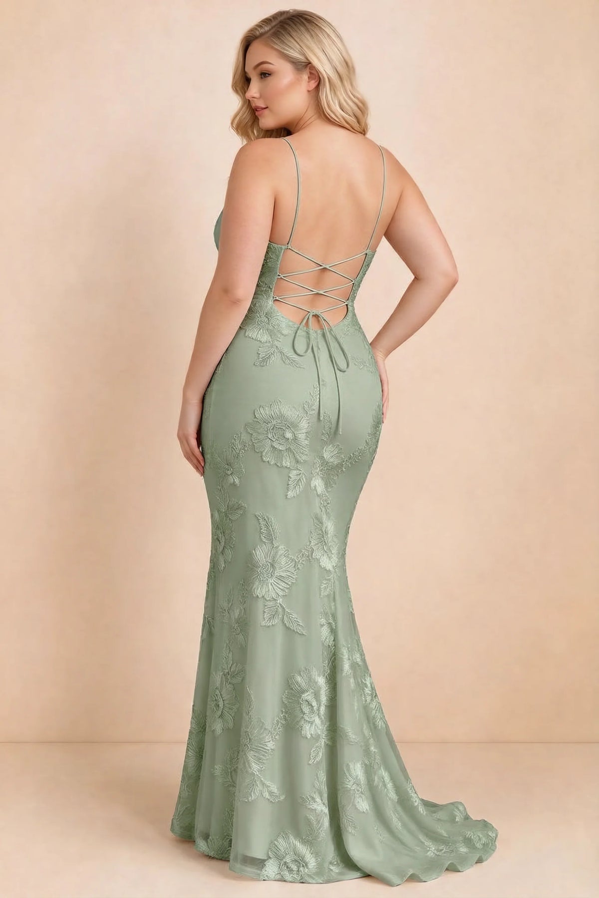 Cordelia Sage Green Floral Appliqué Mermaid Maxi Dress