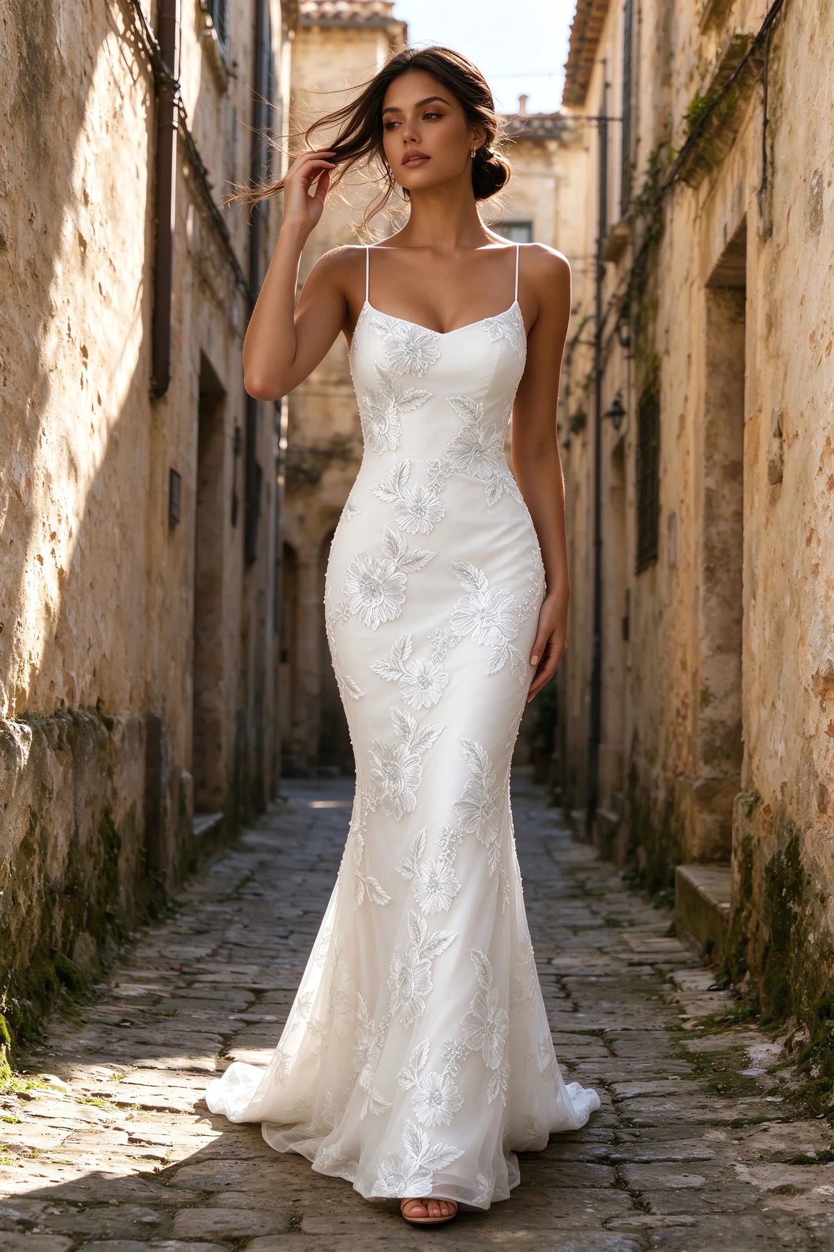 Vestido largo de sirena Cordelia blanco con apliques florales