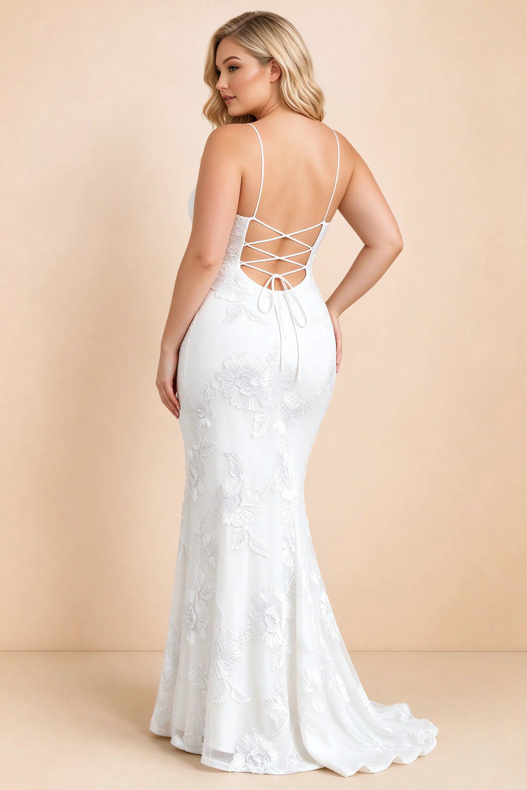 Vestido largo de sirena Cordelia blanco con apliques florales