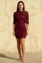 Cynthia Burgundy Bodycon Bandeau Mini Dress with Cape