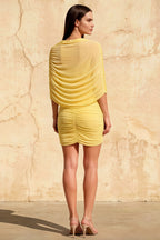 Cynthia Lemon Mermaid Ruched Mini Dress with Cape