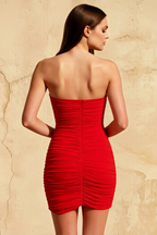 Cynthia Red Bandeau Cape Mini Dress with Ruched-Detailing