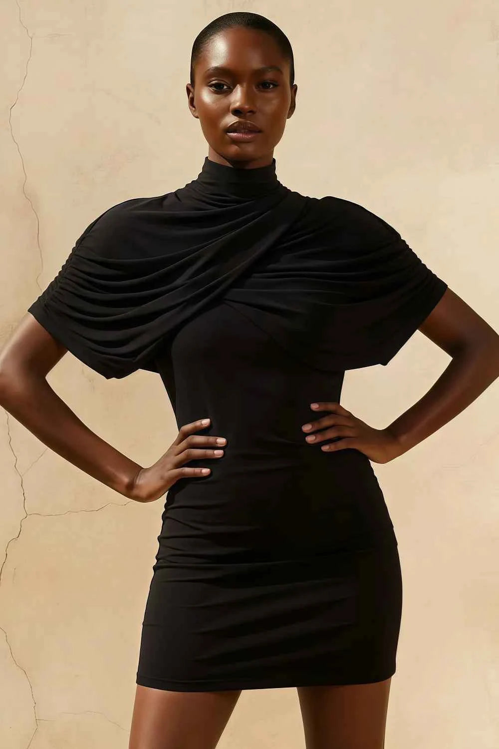 Daisy Black Bodycon High Neck Mini Dress with Cape