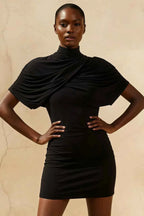 Daisy Black Bodycon High Neck Mini Dress with Cape