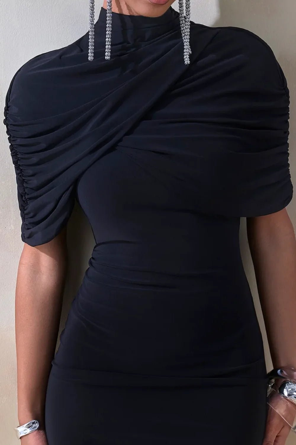 Daisy Black Bodycon High Neck Mini Dress with Cape