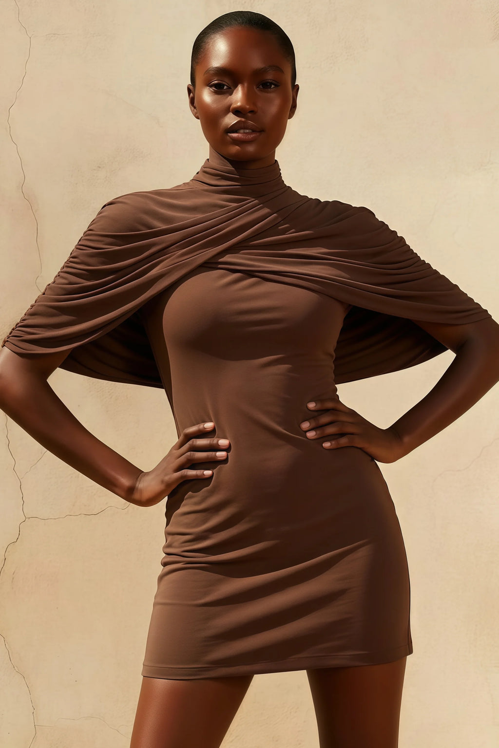Daisy Brown Bodycon High Neck Mini Dress with Cape