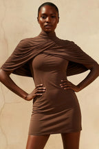 Daisy Brown Bodycon High Neck Mini Dress with Cape