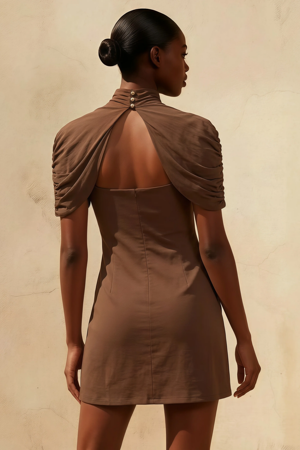 Daisy Brown Bodycon High Neck Mini Dress with Cape