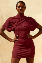 Daisy Burgundy Bodycon High Neck Mini Dress with Cape