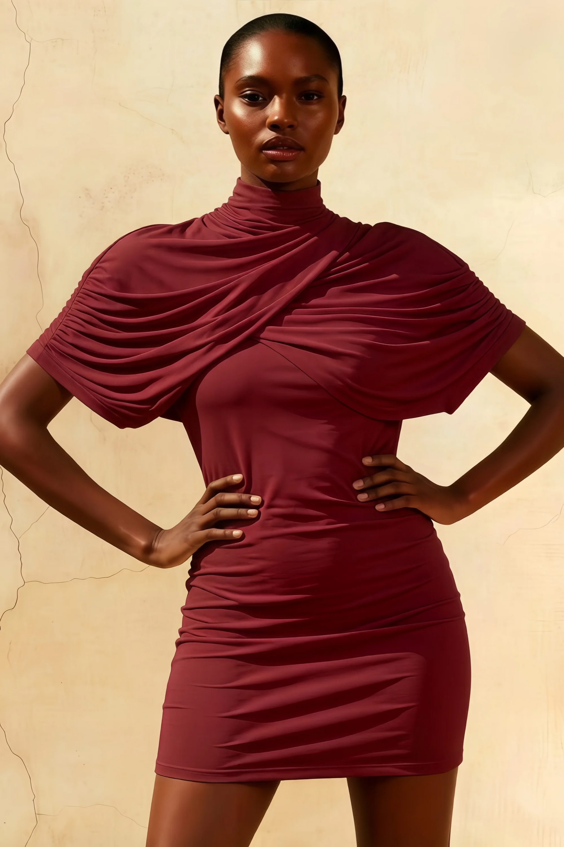 Daisy Burgundy Bodycon High Neck Mini Dress with Cape