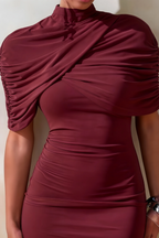 Daisy Burgundy Bodycon High Neck Mini Dress with Cape