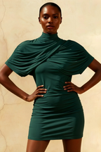 Daisy Emerald Bodycon High Neck Mini Dress with Cape