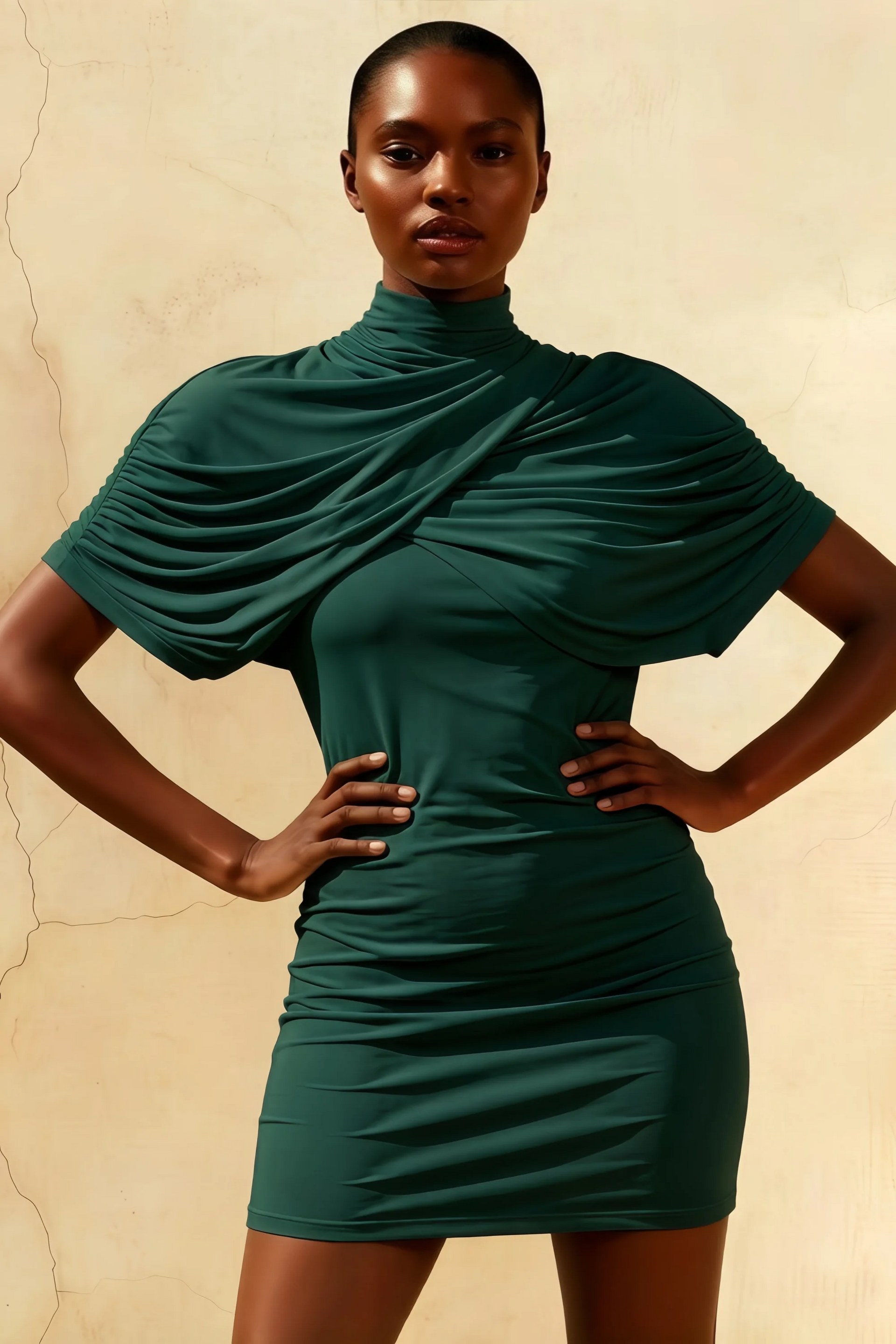 Daisy Emerald Bodycon High Neck Mini Dress with Cape