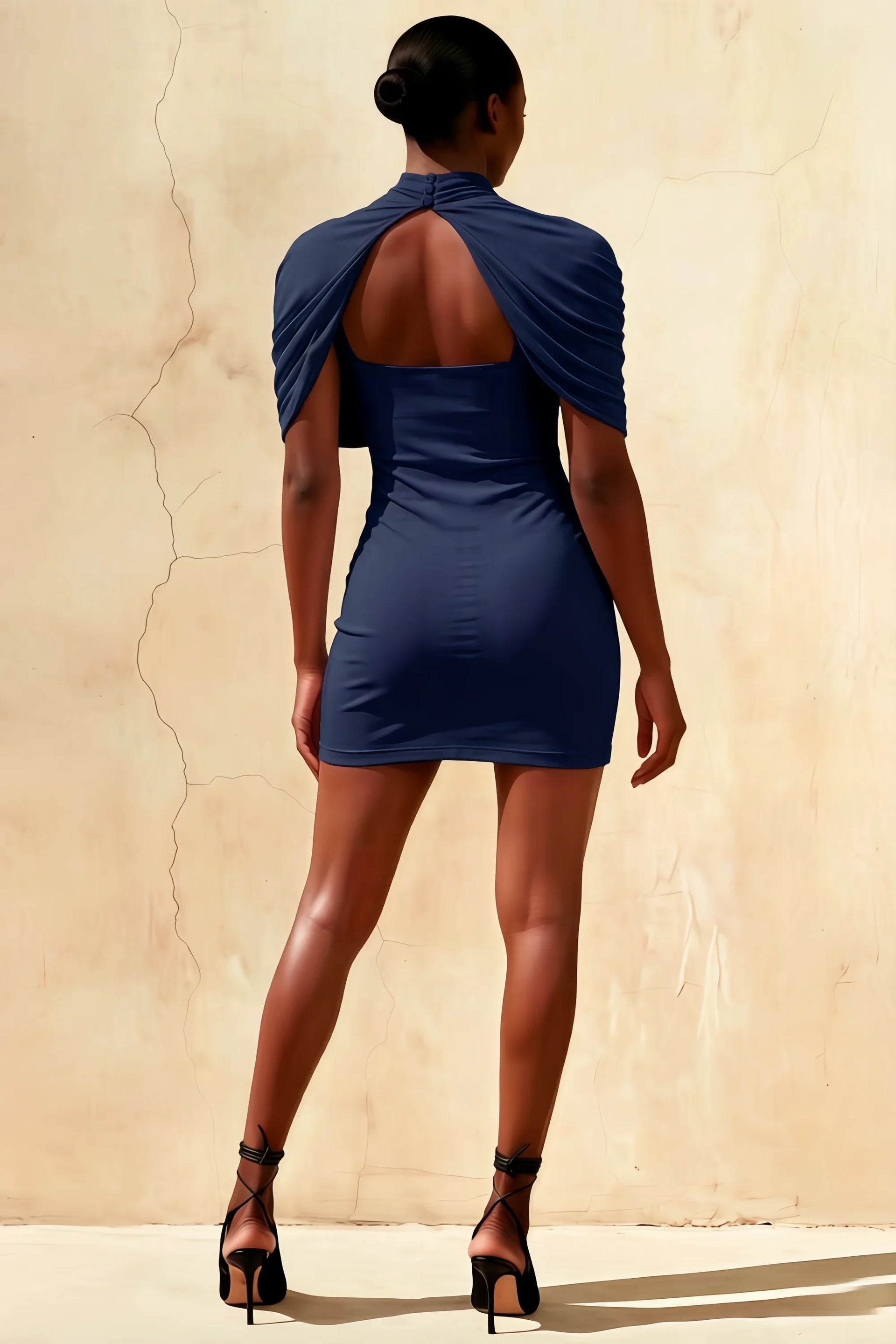 Daisy Navy Bodycon High Neck Mini Dress with Cape