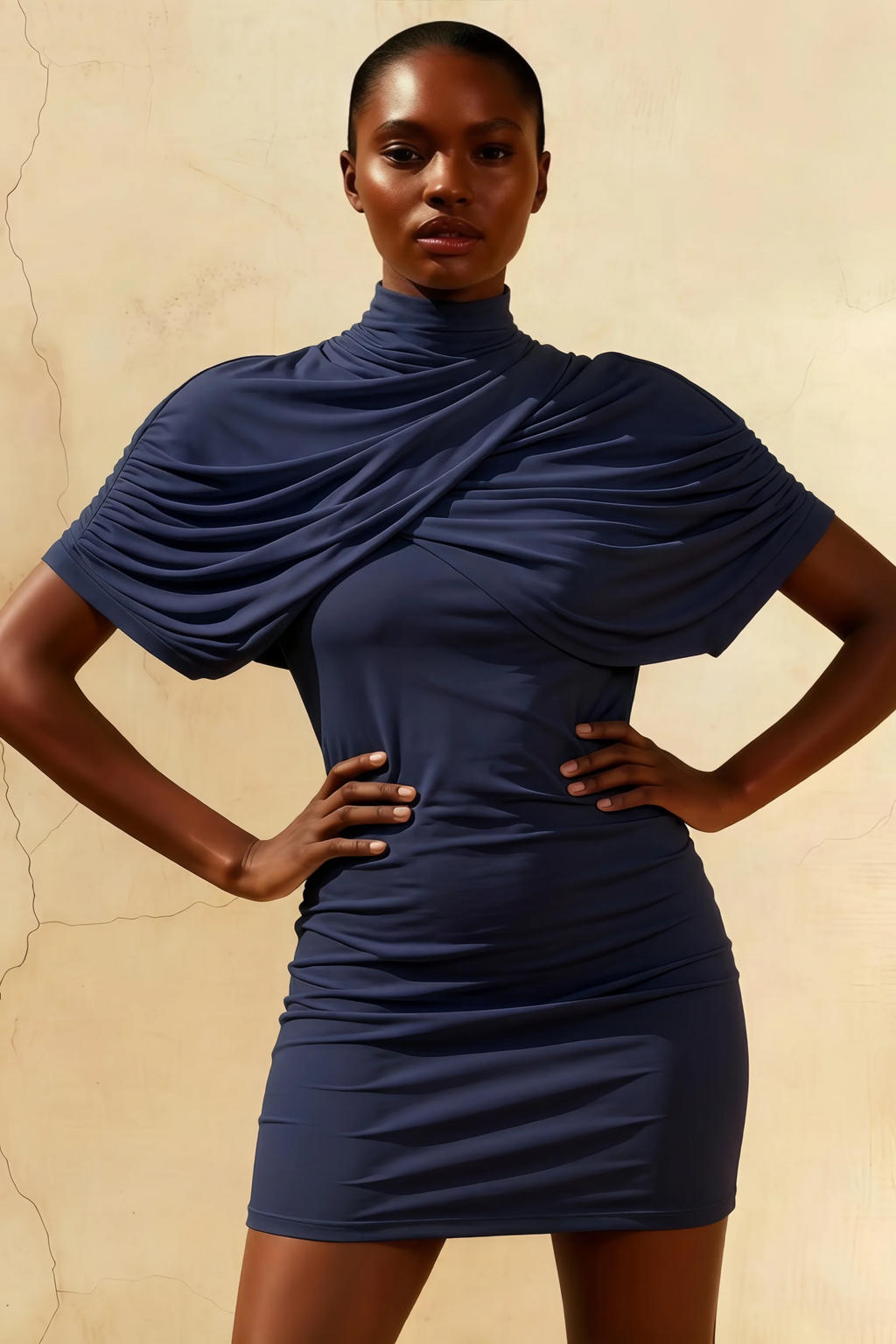 Daisy Navy Bodycon High Neck Mini Dress with Cape