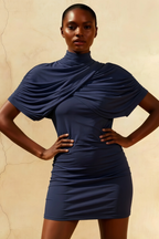 Daisy Navy Bodycon High Neck Mini Dress with Cape