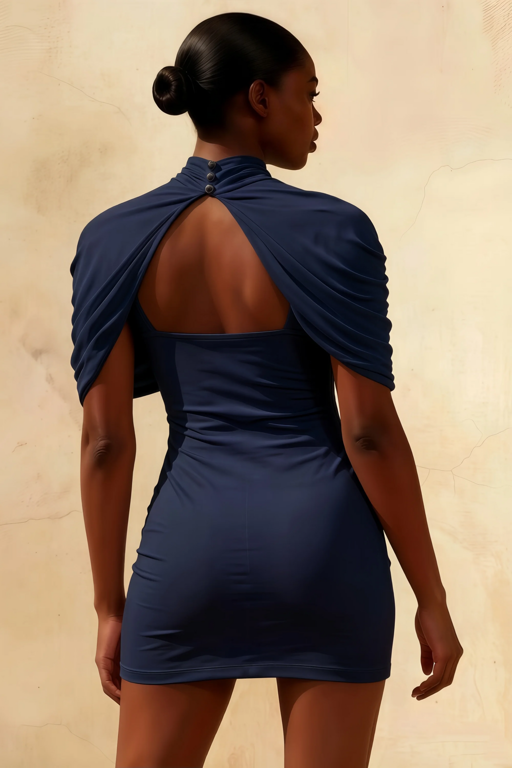 Daisy Navy Bodycon High Neck Mini Dress with Cape