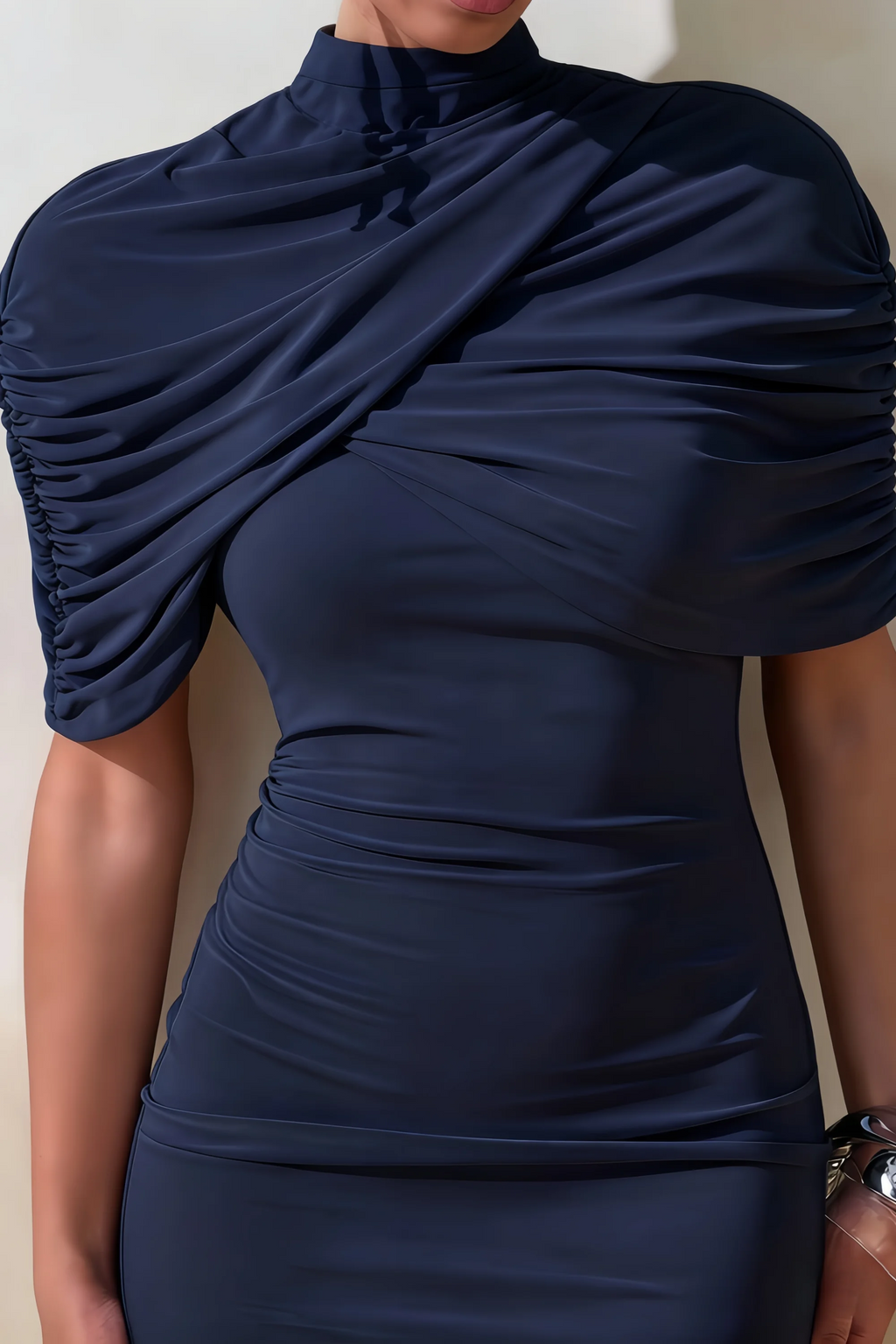 Daisy Navy Bodycon High Neck Mini Dress with Cape