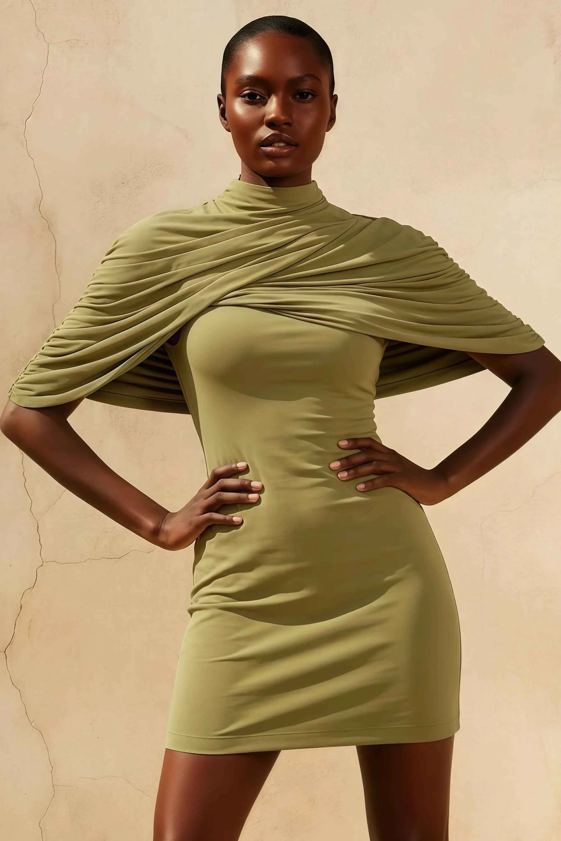 Daisy Olive Bodycon High Neck Mini Dress with Cape