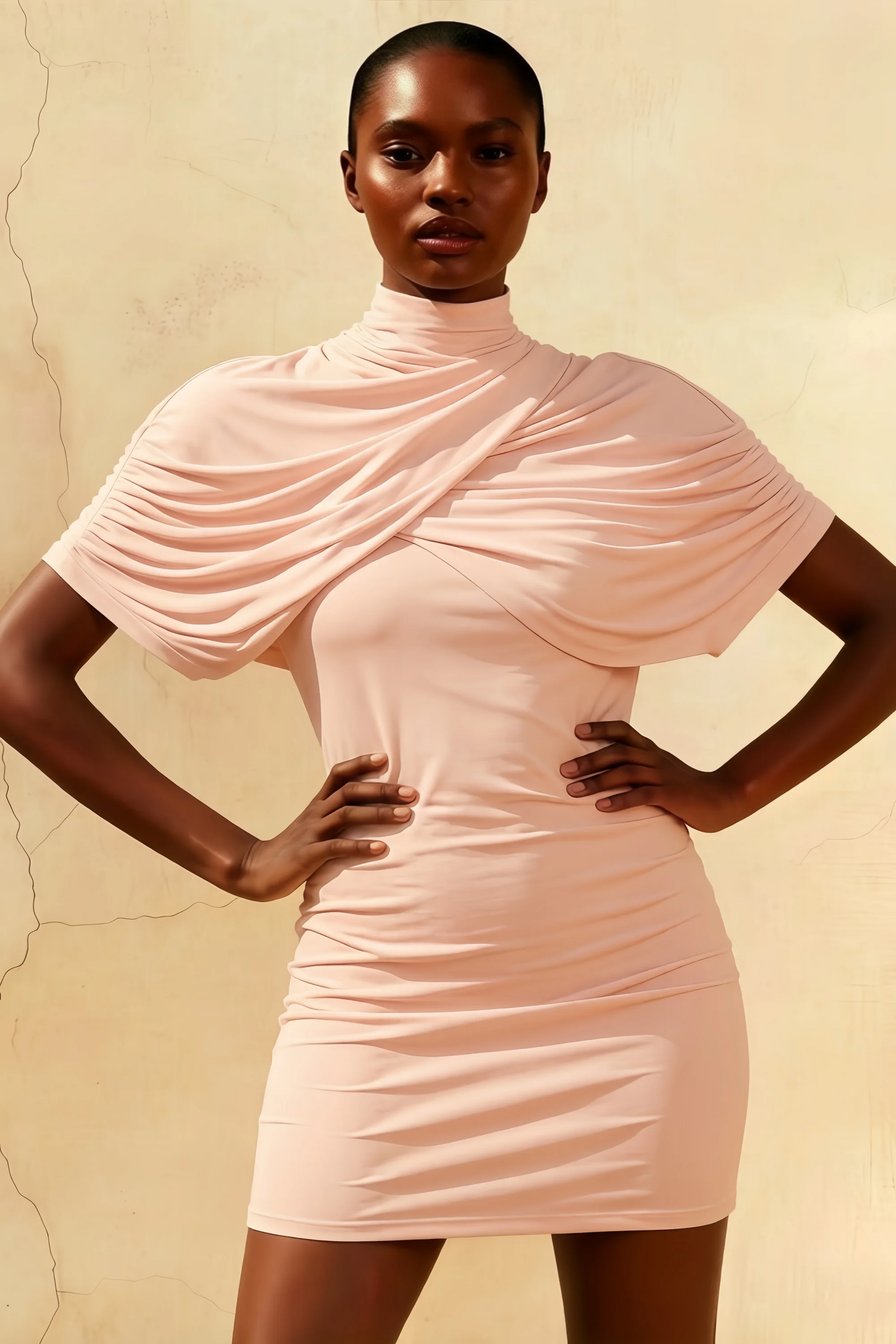 Daisy Pink Bodycon High Neck Mini Dress with Cape