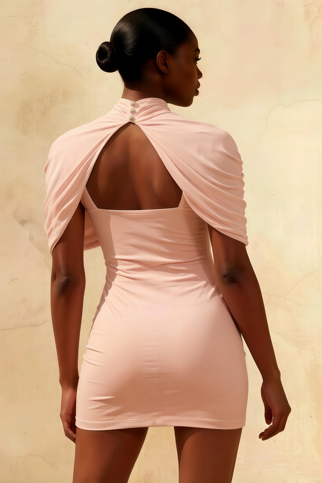 Daisy Pink Bodycon High Neck Mini Dress with Cape