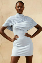 Daisy Powder Blue Bodycon Mini Dress with Cape | High Neck Cocktail Dress for Women