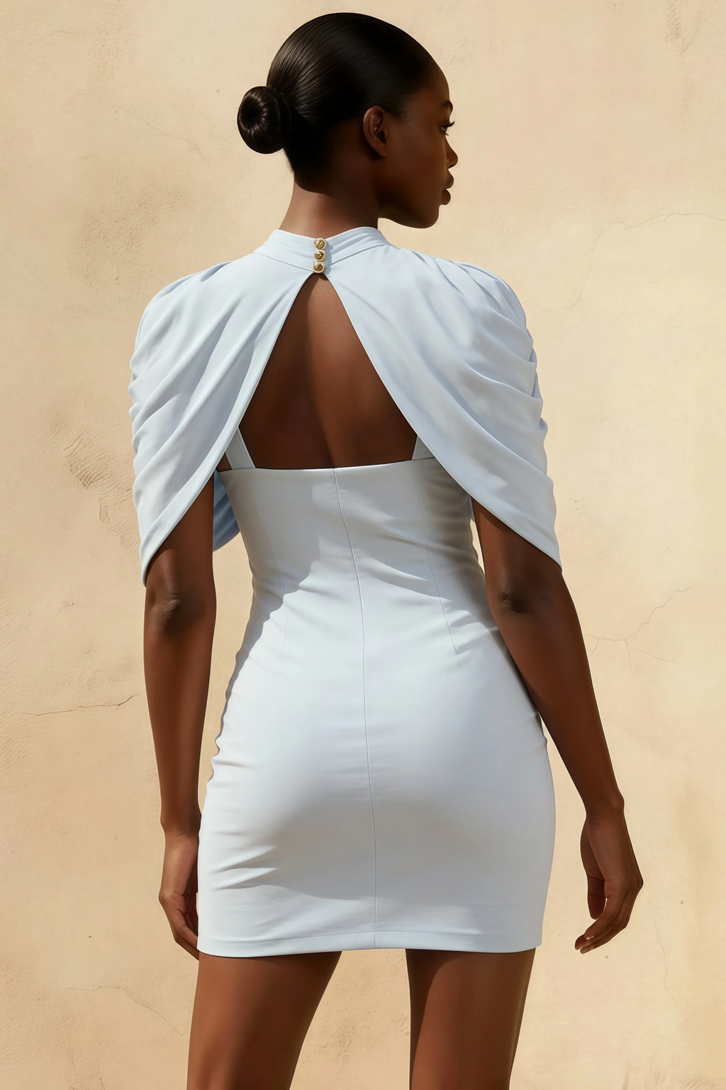 Daisy Powder Blue Bodycon Mini Dress with Cape | High Neck Cocktail Dress for Women