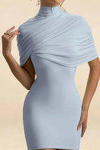 Daisy Powder Blue Bodycon Mini Dress with Cape | High Neck Cocktail Dress for Women
