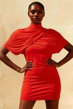 Daisy Red Bodycon High Neck Mini Dress with Cape