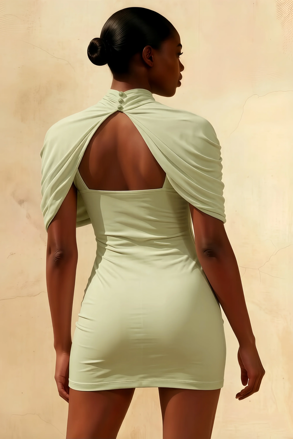 Daisy Sage Bodycon High Neck Mini Dress with Cape