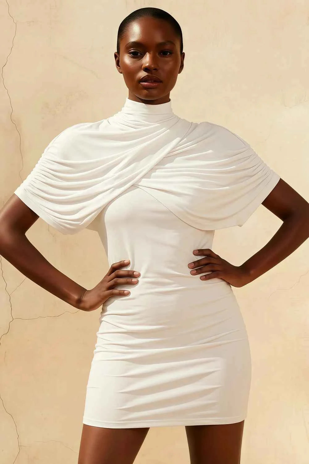 Daisy White Bodycon High Neck Mini Dress with Cape Sleeves & Open Back