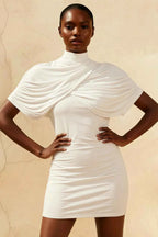 Daisy White Bodycon High Neck Mini Dress with Cape Sleeves & Open Back