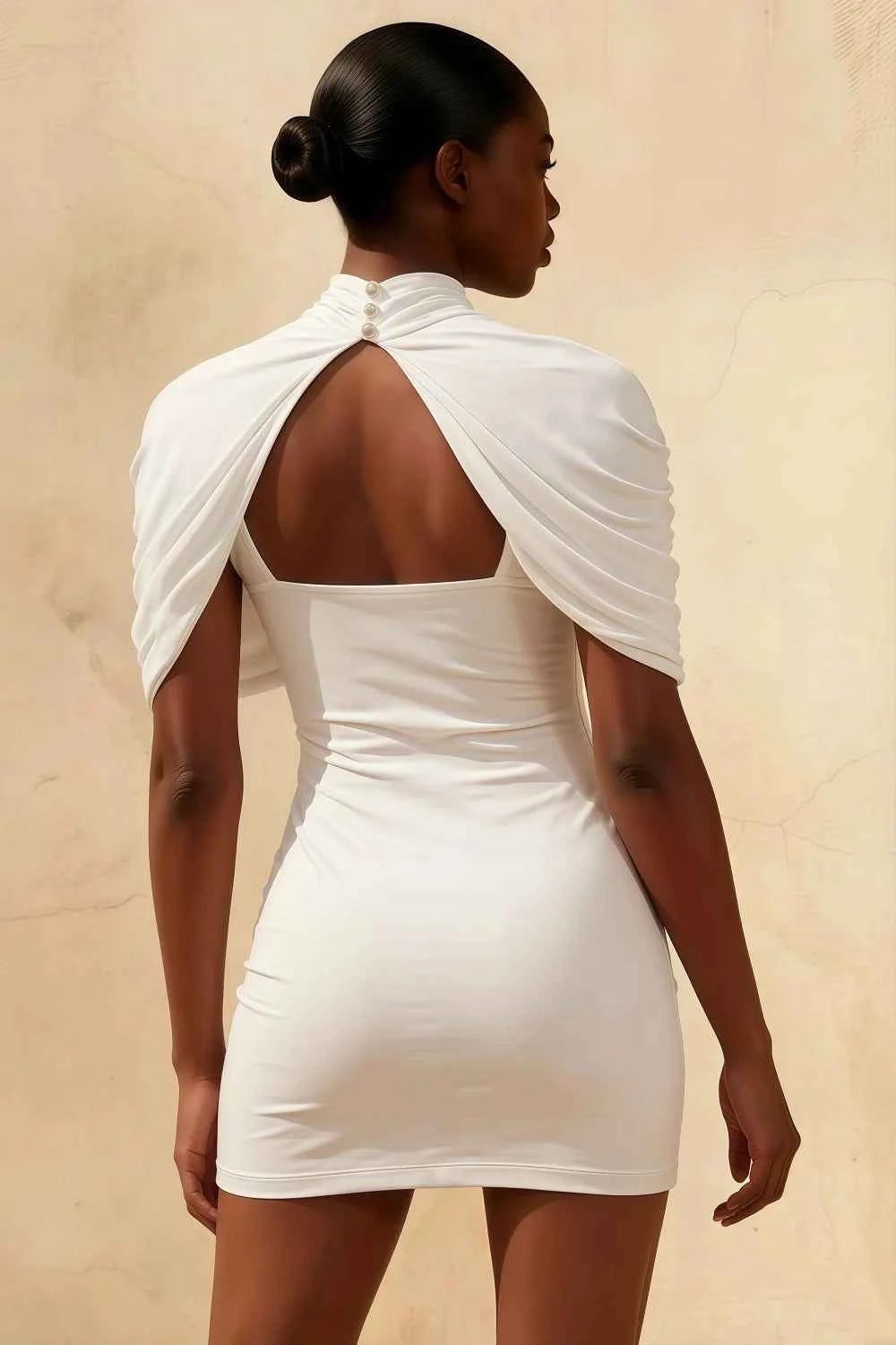 Daisy White Bodycon High Neck Mini Dress with Cape Sleeves & Open Back