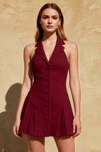 Danielle Burgundy Halter Lapel Neckline Mini Dress | Pleated Formal & Party Dress