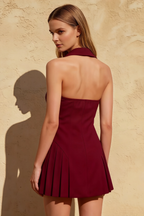 Danielle Burgundy Halter Lapel Neckline Mini Dress | Pleated Formal & Party Dress